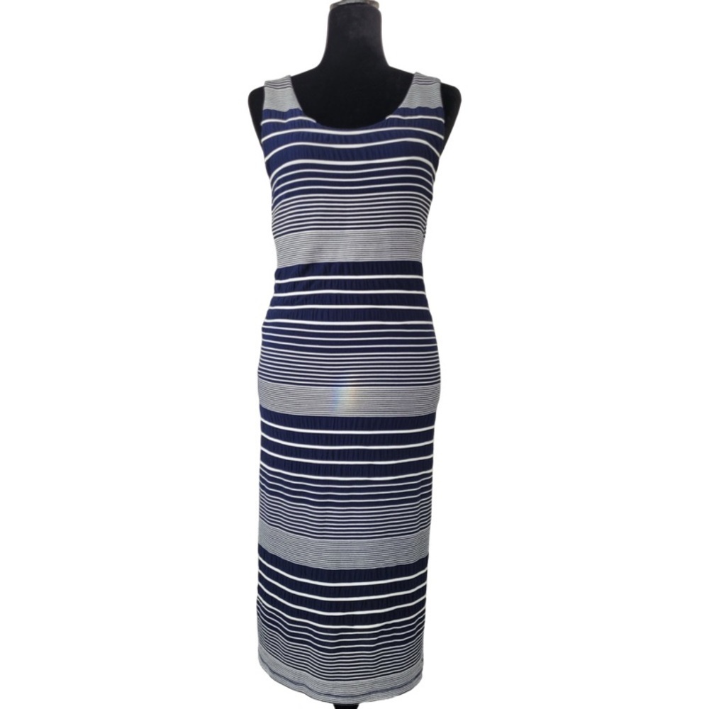 ✅ Anthropologie Maeve Edisto Column Dress midi navy white stripes knit texture L